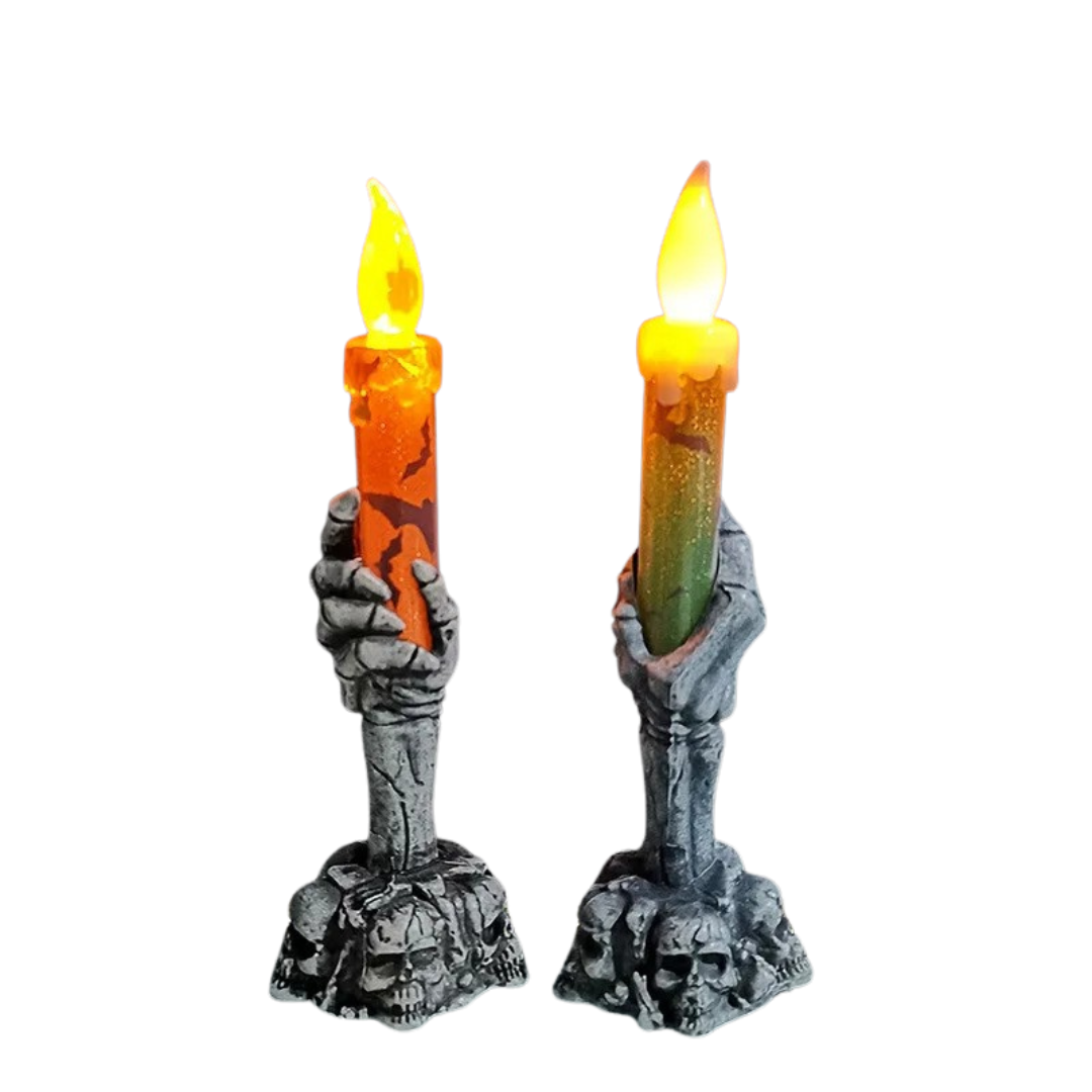 Battery-operated LED Halloween candles in festive designs, perfect for creating a spooky ambiance at Halloween parties or haunted houses.