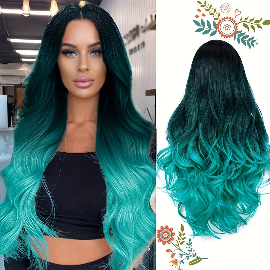 Long Wavy Ombre Bluish Green Wig | Body Wave, Rose Net Cap, Heat-Resistant Synthetic Fiber for Women