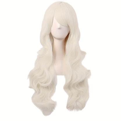 28-Inch Long Curly Synthetic Wig with Side Bangs | High-Temperature Fiber for Parties & Festivals