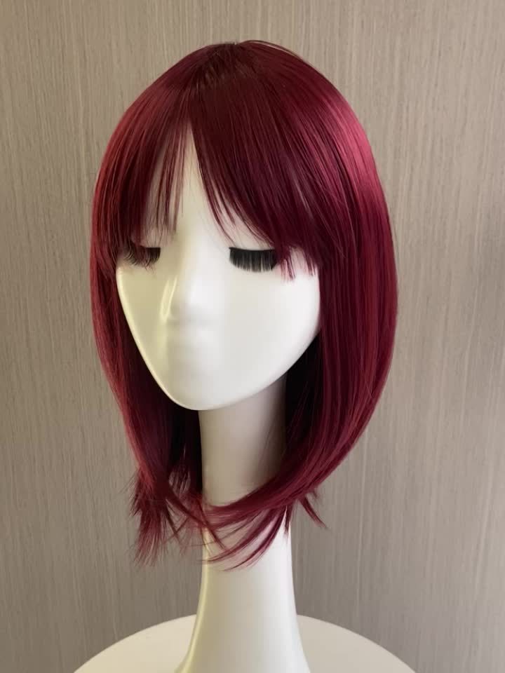 12-Inch Wine Red Straight Bob Wig with Bangs | Heat-Resistant Synthetic Fiber for Cosplay & Parties