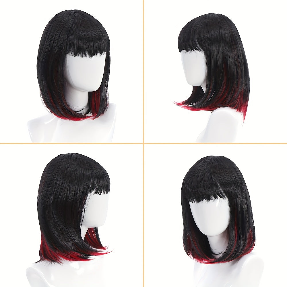 12-Inch Wine Red Straight Bob Wig with Bangs | Heat-Resistant Synthetic Fiber for Cosplay & Parties