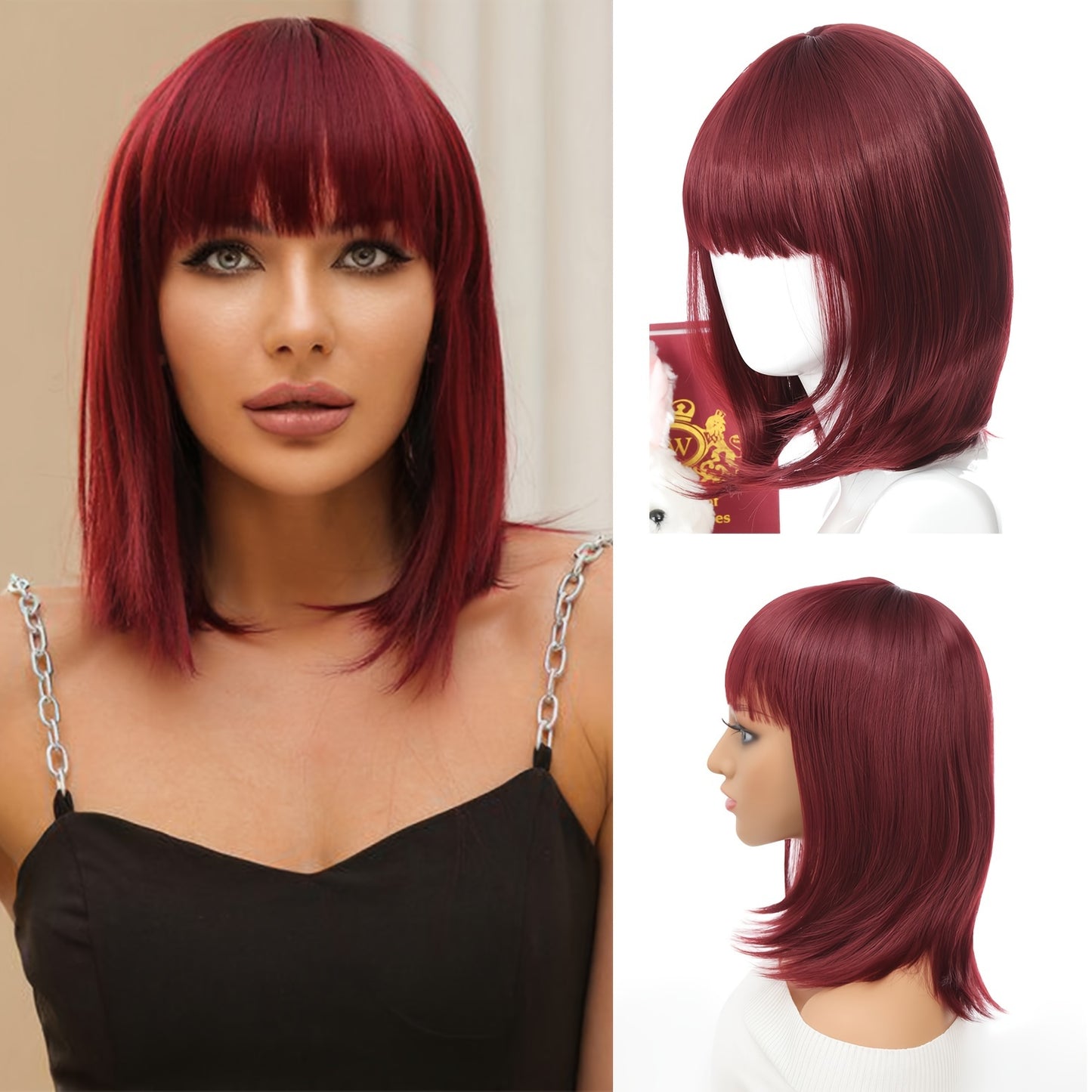 12-Inch Wine Red Straight Bob Wig with Bangs | Heat-Resistant Synthetic Fiber for Cosplay & Parties