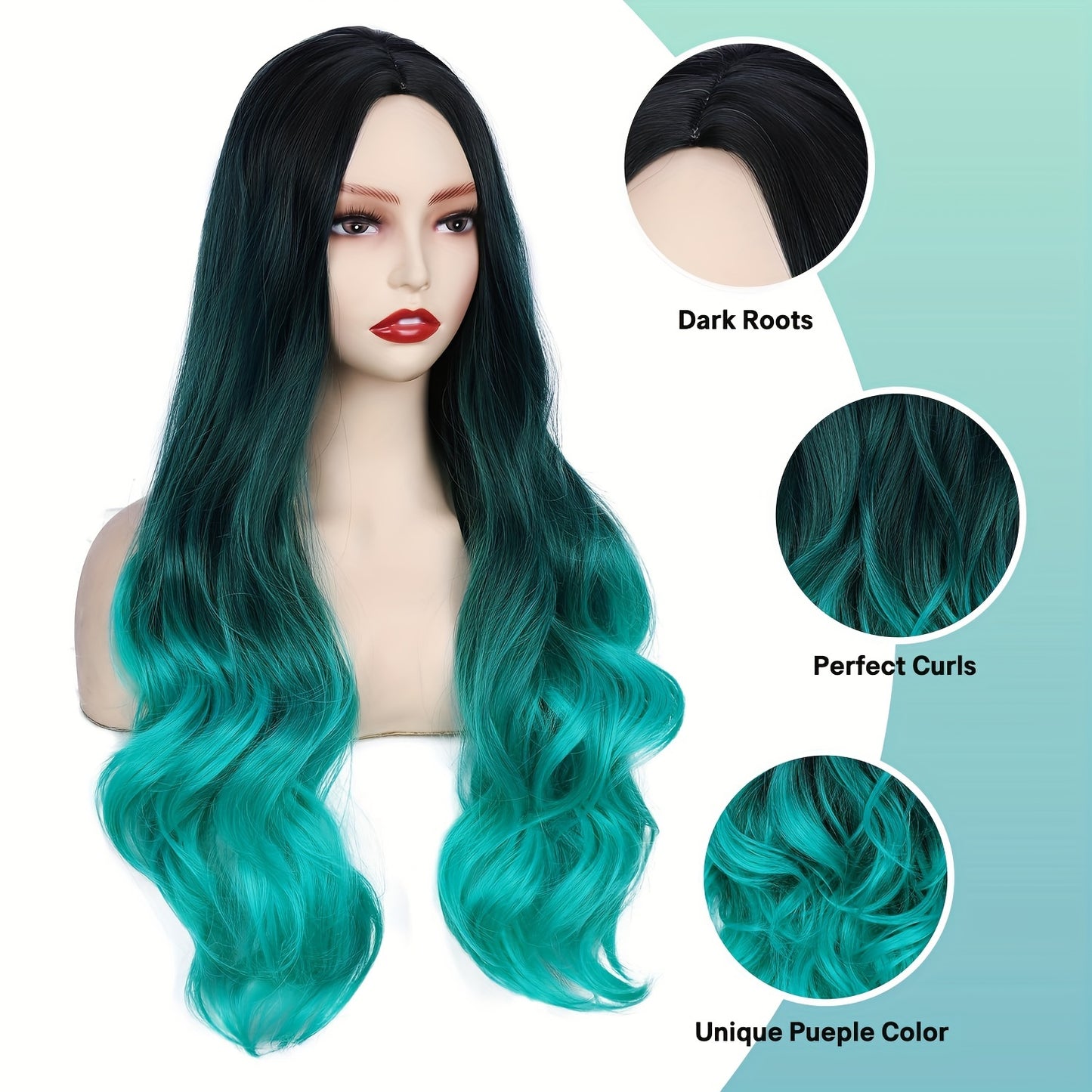 Long Wavy Ombre Bluish Green Wig | Body Wave, Rose Net Cap, Heat-Resistant Synthetic Fiber for Women