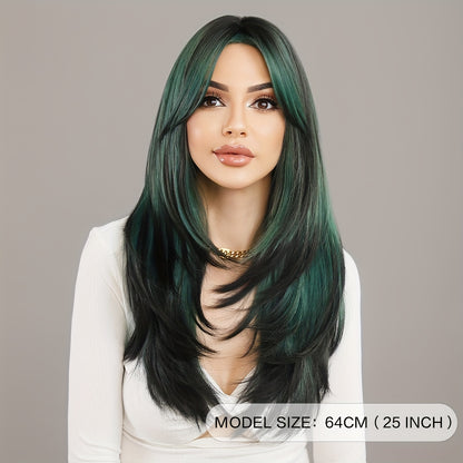 Long Wavy Dark Green Wig with Middle Part | Rose Net Cap, Heat-Resistant Synthetic Fiber for Glamorous Party Style