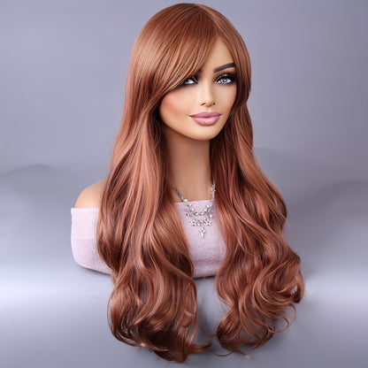 Long Reddish Brown Curly Wig with Bangs | Heat-Resistant Synthetic Fiber for Daily Wear, Halloween & Cosplay