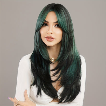 Long Wavy Dark Green Wig with Middle Part | Rose Net Cap, Heat-Resistant Synthetic Fiber for Glamorous Party Style