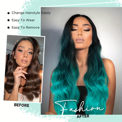 Long Wavy Ombre Bluish Green Wig | Body Wave, Rose Net Cap, Heat-Resistant Synthetic Fiber for Women