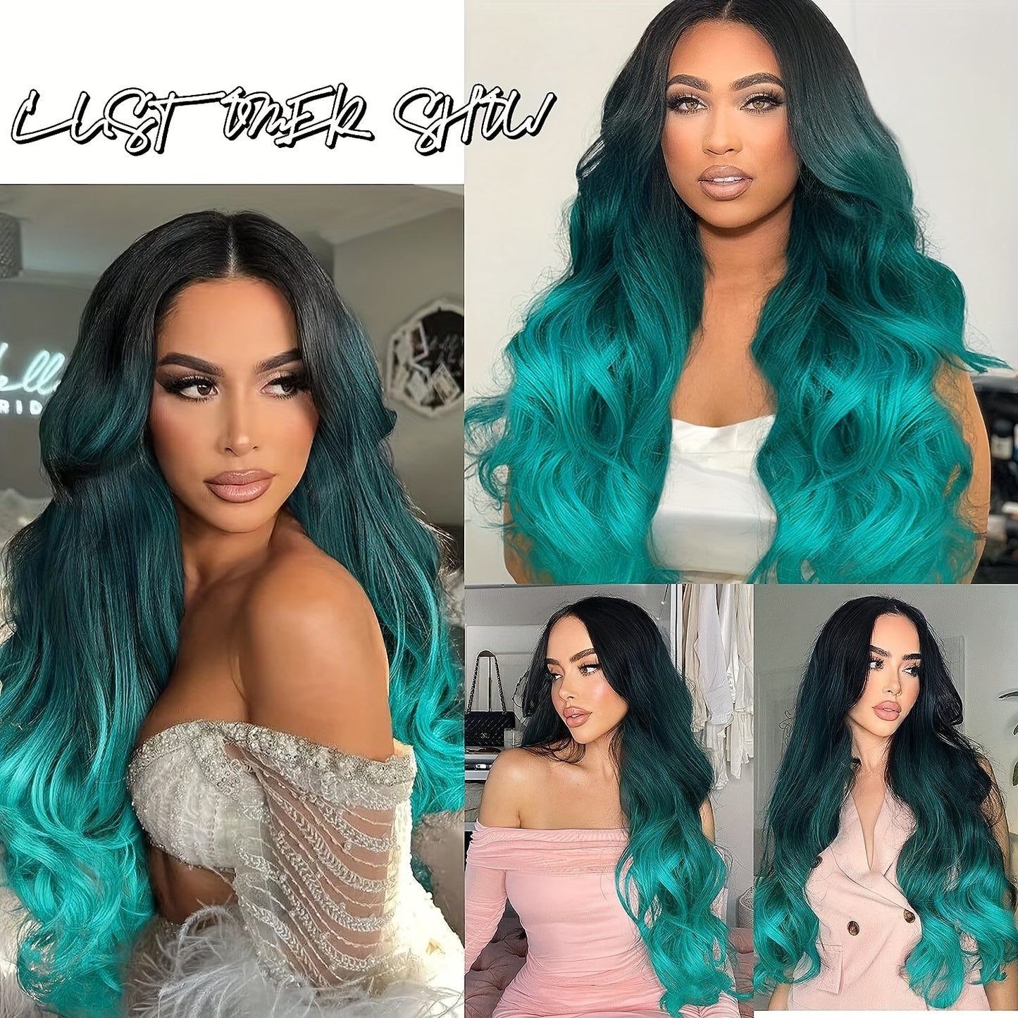 Long Wavy Ombre Bluish Green Wig | Body Wave, Rose Net Cap, Heat-Resistant Synthetic Fiber for Women