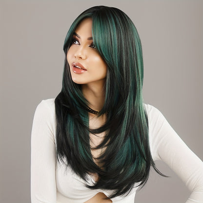 Long Wavy Dark Green Wig with Middle Part | Rose Net Cap, Heat-Resistant Synthetic Fiber for Glamorous Party Style