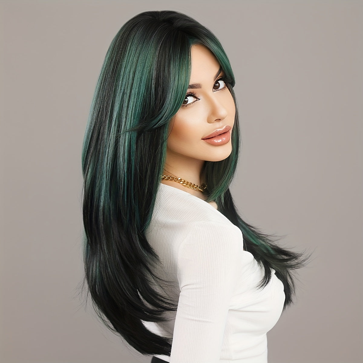 Long Wavy Dark Green Wig with Middle Part | Rose Net Cap, Heat-Resistant Synthetic Fiber for Glamorous Party Style