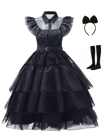 Women’s Gothic Mesh Dress | Tiered Skirt & Shirt Collar for Cosplay and Parties