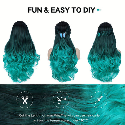 Long Wavy Ombre Bluish Green Wig | Body Wave, Rose Net Cap, Heat-Resistant Synthetic Fiber for Women