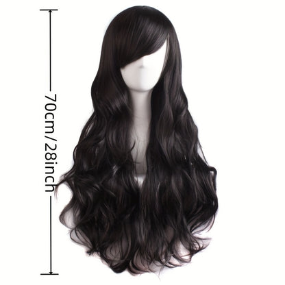 28-Inch Long Curly Synthetic Wig with Side Bangs | High-Temperature Fiber for Parties & Festivals