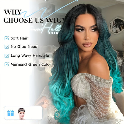 Long Wavy Ombre Bluish Green Wig | Body Wave, Rose Net Cap, Heat-Resistant Synthetic Fiber for Women