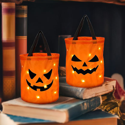 Seau à bonbons ou friandises d'Halloween avec lumière LED | Sac à bonbons à la citrouille, panier pliable pour cadeaux de Thanksgiving et de fête