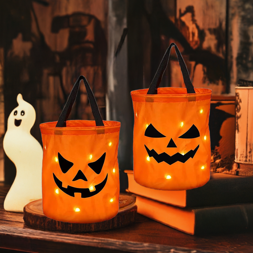 LED Light Halloween Trick or Treat Bucket | Pumpkin Candy Bag, Collapsible Basket for Thanksgiving & Party Gifts