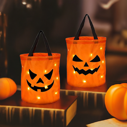 Seau à bonbons ou friandises d'Halloween avec lumière LED | Sac à bonbons à la citrouille, panier pliable pour cadeaux de Thanksgiving et de fête