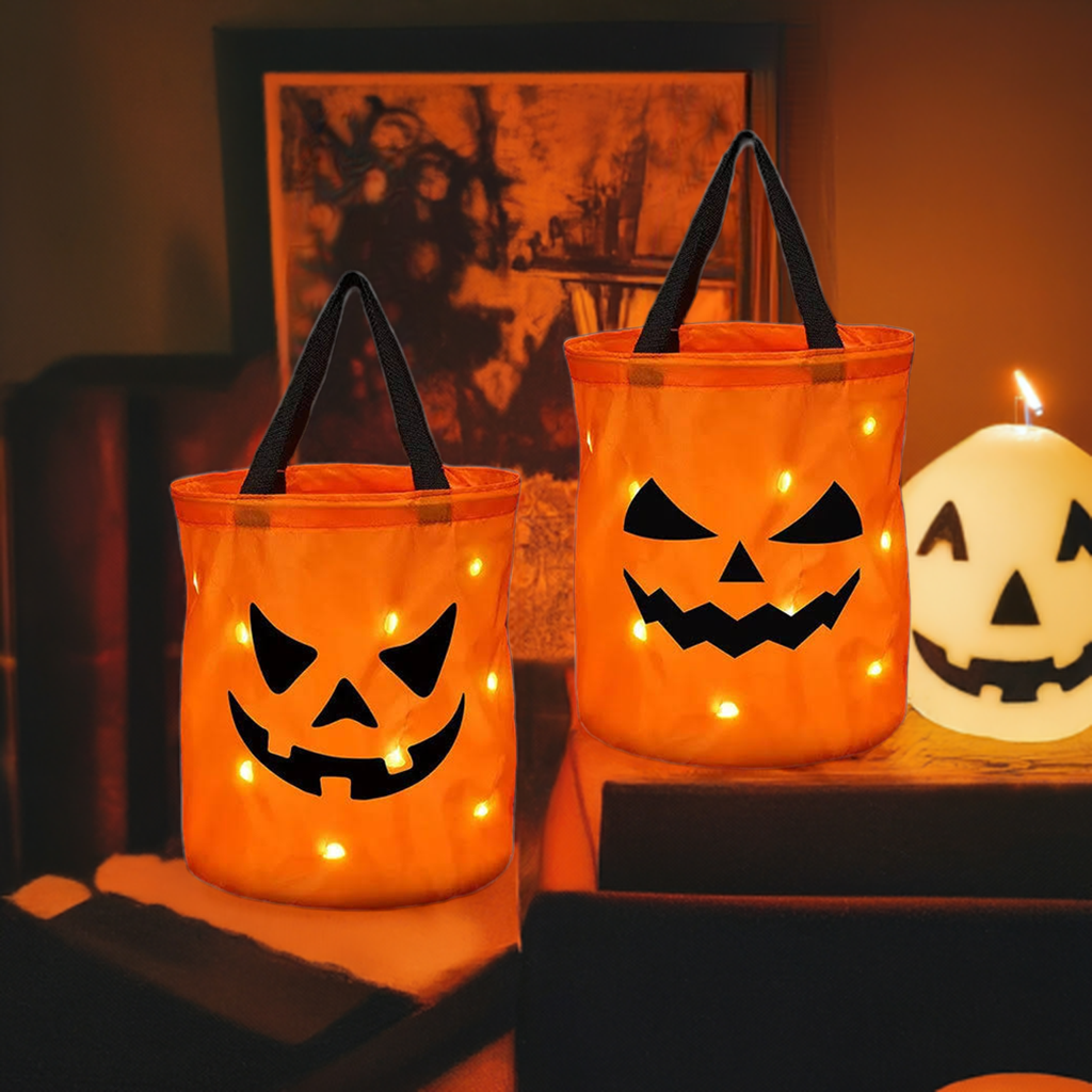 Seau à bonbons ou friandises d'Halloween avec lumière LED | Sac à bonbons à la citrouille, panier pliable pour cadeaux de Thanksgiving et de fête