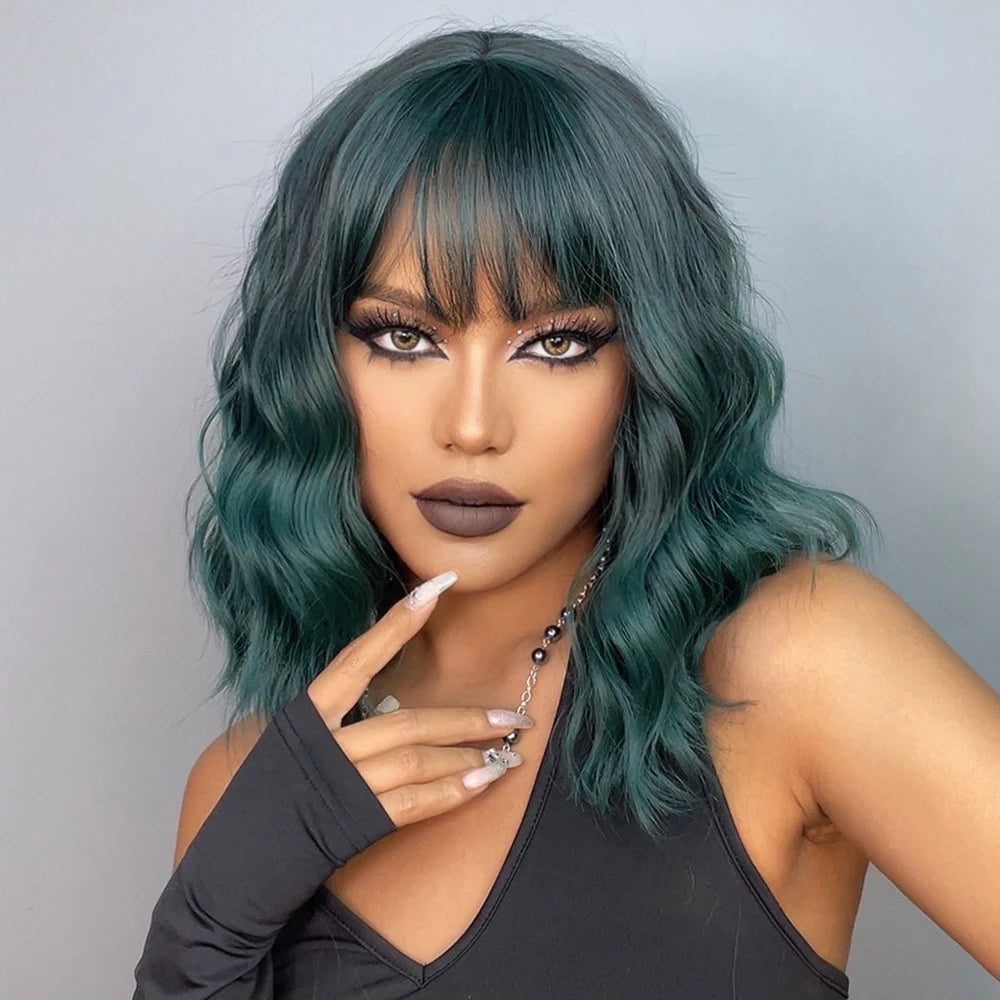 Short Curly Green Wig with Bangs | Heat-Resistant Synthetic Fiber, 130% Density, for Daily Wear, Cosplay & Halloween