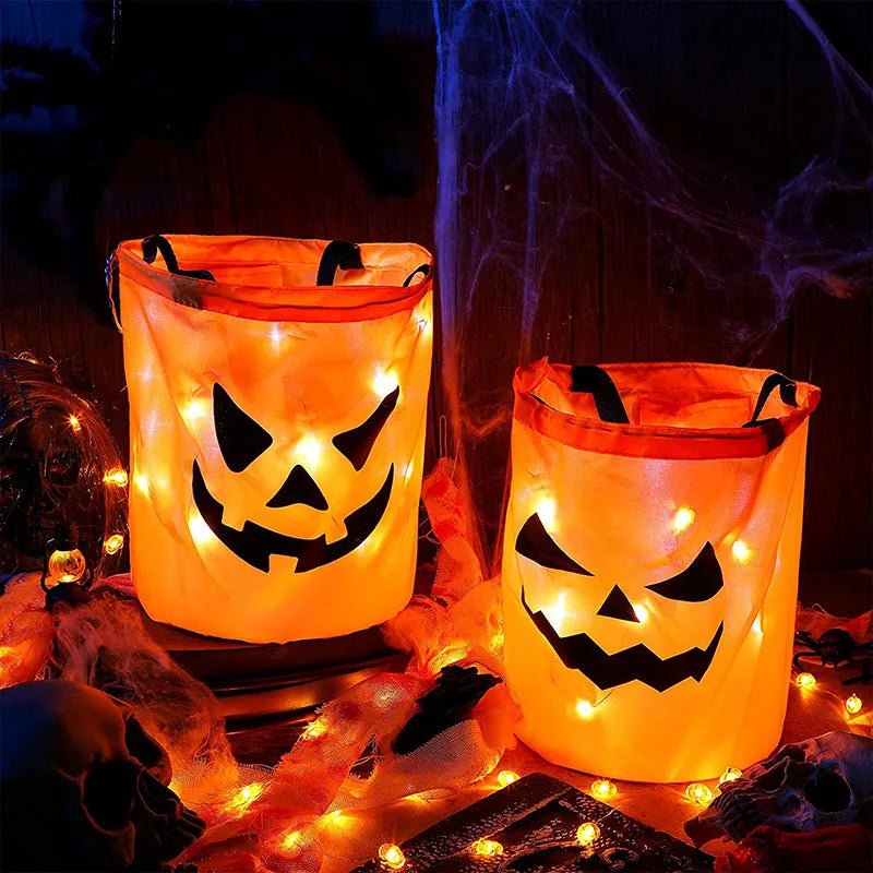 LED Light Halloween Trick or Treat Bucket | Pumpkin Candy Bag, Collapsible Basket for Thanksgiving & Party Gifts