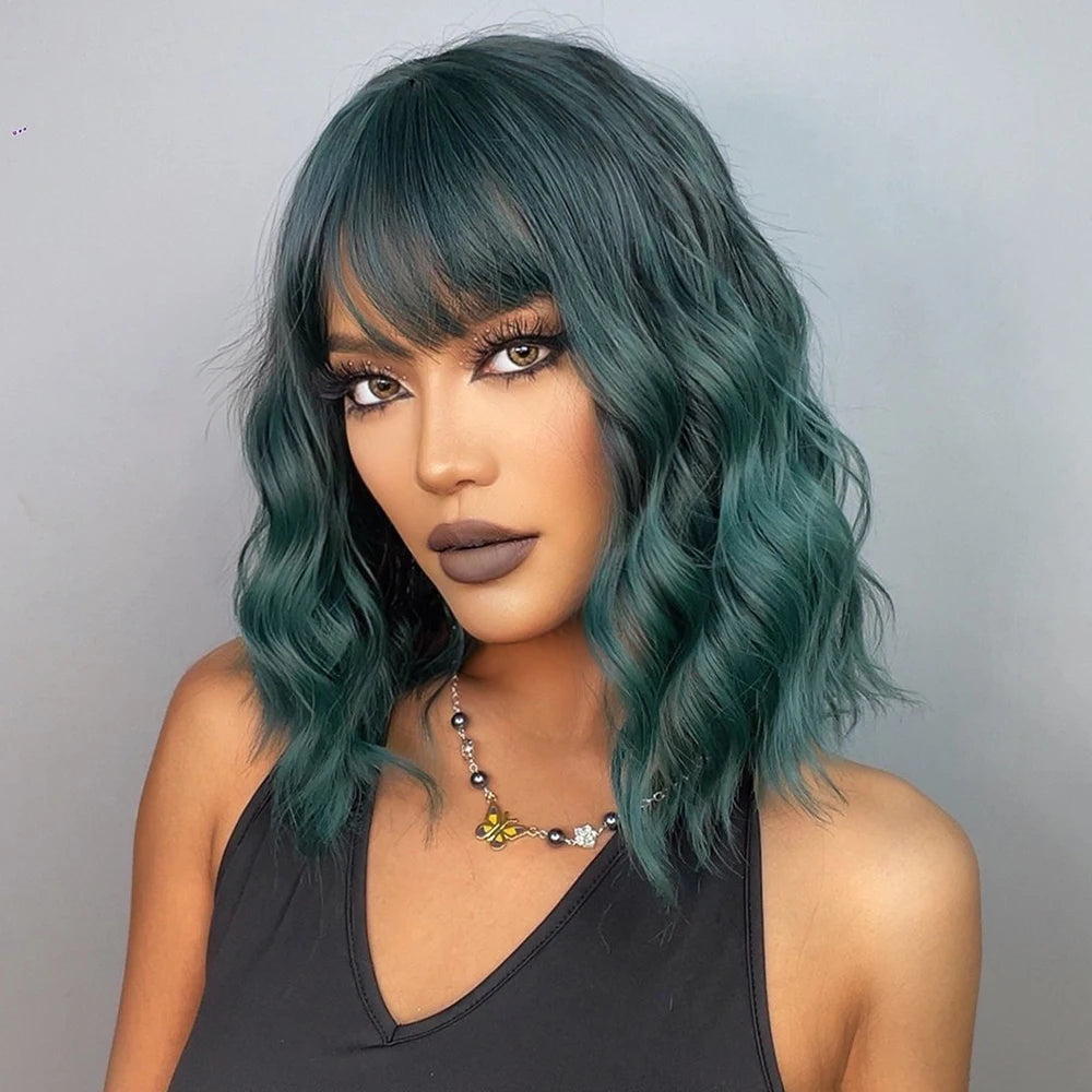 Short Curly Green Wig with Bangs | Heat-Resistant Synthetic Fiber, 130% Density, for Daily Wear, Cosplay & Halloween