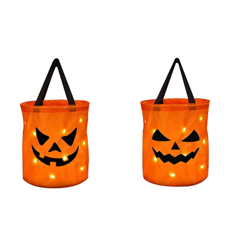 Seau à bonbons ou friandises d'Halloween avec lumière LED | Sac à bonbons à la citrouille, panier pliable pour cadeaux de Thanksgiving et de fête