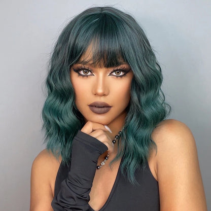 Short Curly Green Wig with Bangs | Heat-Resistant Synthetic Fiber, 130% Density, for Daily Wear, Cosplay & Halloween