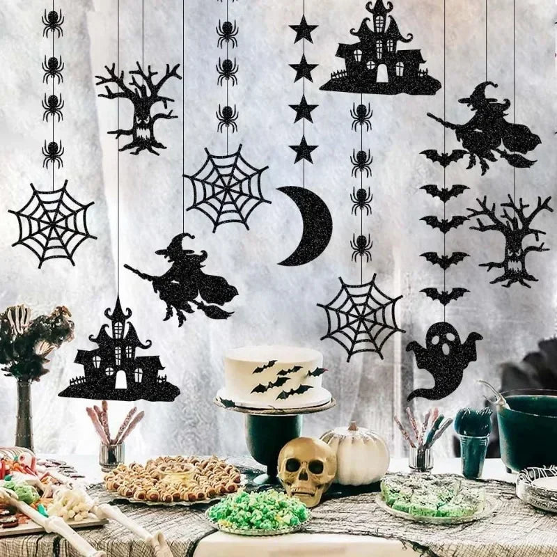 6pcs Halloween Hanging Banner Garland | Scary Spider, Witch, Ghost & Bat Pendants for Home Party Decorations