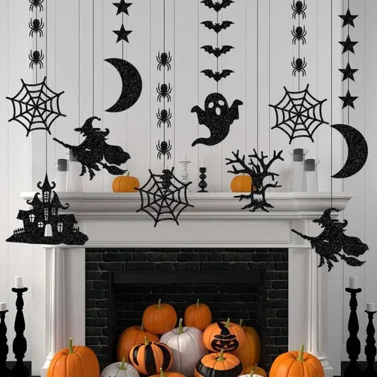 6pcs Halloween Hanging Banner Garland | Scary Spider, Witch, Ghost & Bat Pendants for Home Party Decorations