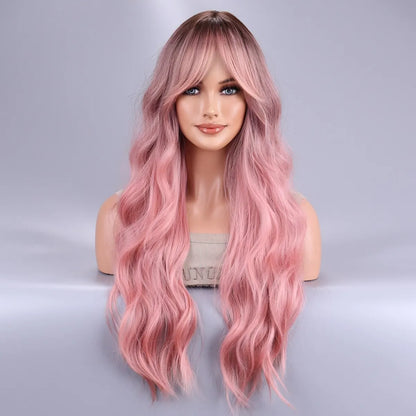 Pink Ombre Long Curly Wig with Black Roots | Heat-Resistant Synthetic Hair for Stylish Looks