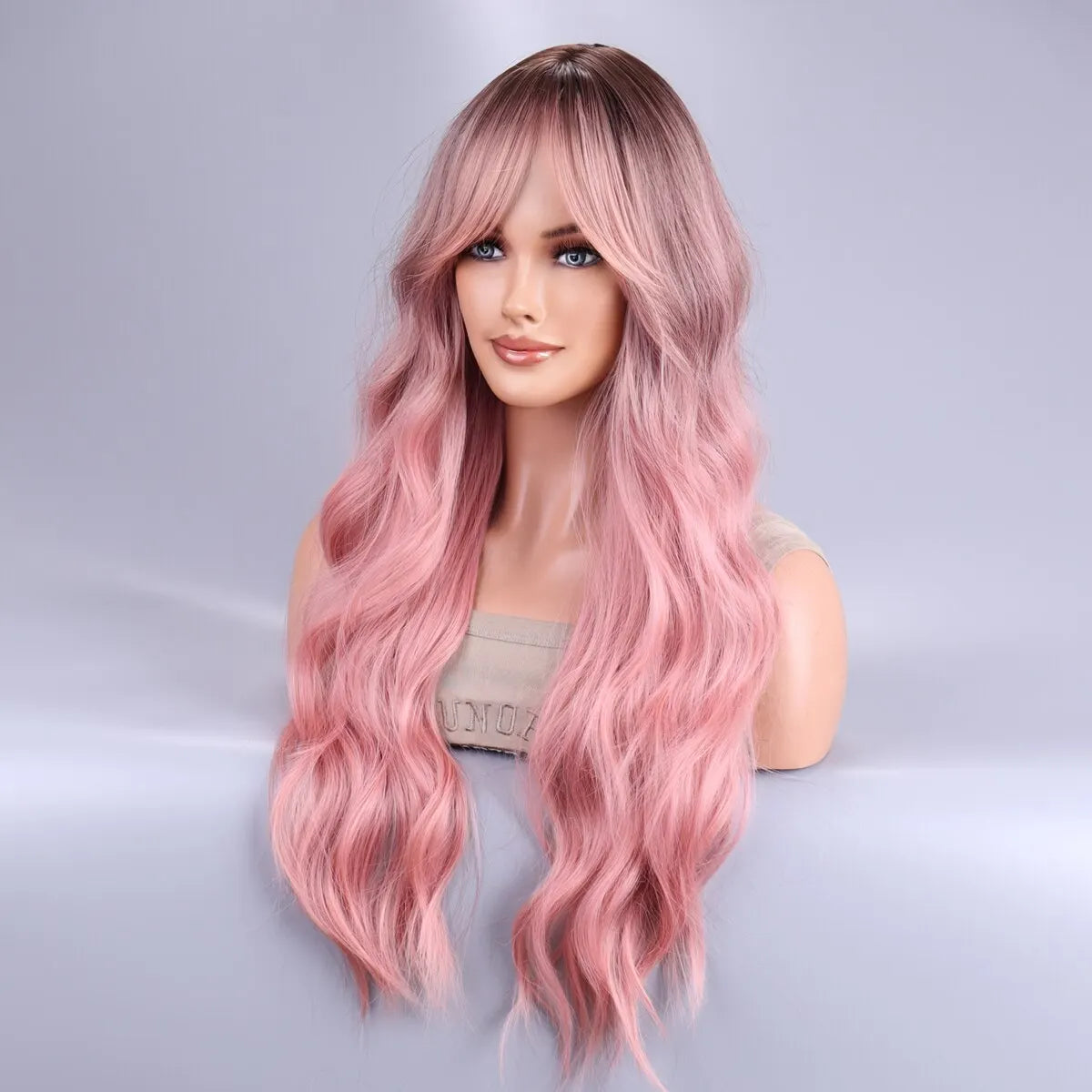 Pink Ombre Long Curly Wig with Black Roots | Heat-Resistant Synthetic Hair for Stylish Looks