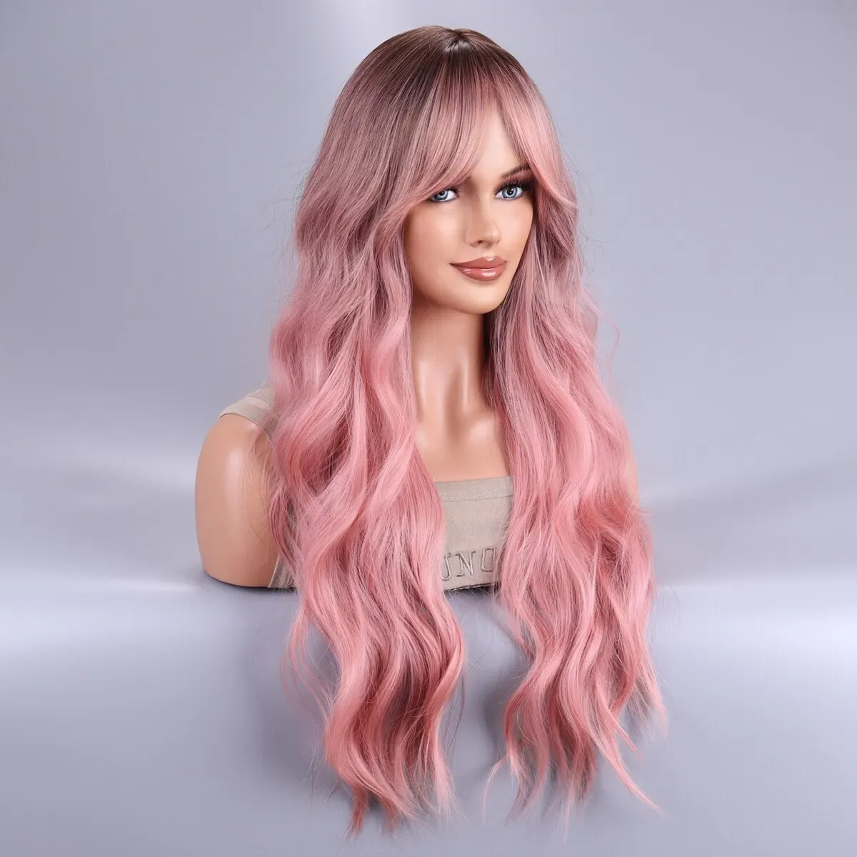 Pink Ombre Long Curly Wig with Black Roots | Heat-Resistant Synthetic Hair for Stylish Looks