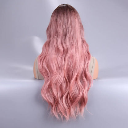 Pink Ombre Long Curly Wig with Black Roots | Heat-Resistant Synthetic Hair for Stylish Looks