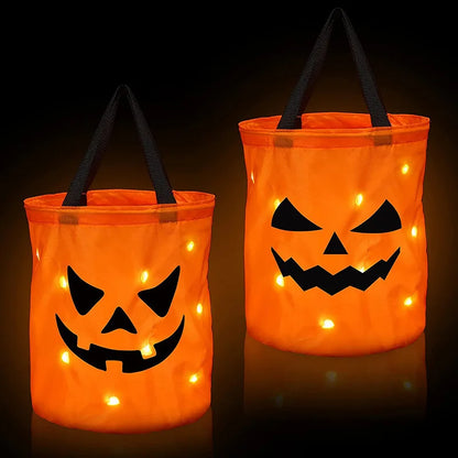 Seau à bonbons ou friandises d'Halloween avec lumière LED | Sac à bonbons à la citrouille, panier pliable pour cadeaux de Thanksgiving et de fête