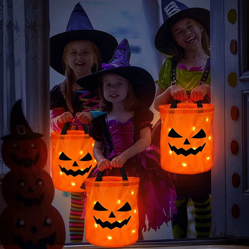 LED Light Halloween Trick or Treat Bucket | Pumpkin Candy Bag, Collapsible Basket for Thanksgiving & Party Gifts