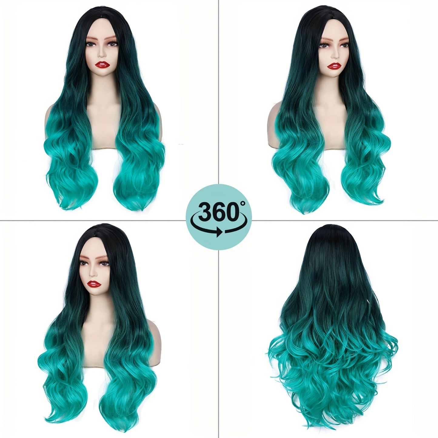 Long Wavy Ombre Bluish Green Wig | Body Wave, Rose Net Cap, Heat-Resistant Synthetic Fiber for Women