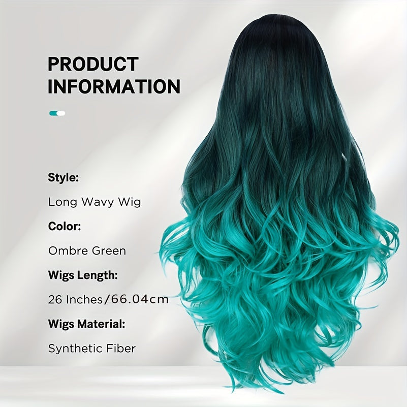 Long Wavy Ombre Bluish Green Wig | Body Wave, Rose Net Cap, Heat-Resistant Synthetic Fiber for Women