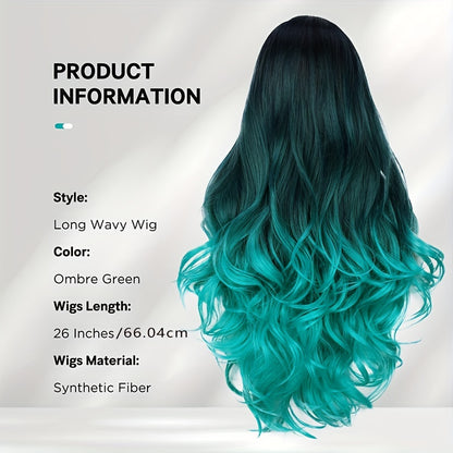 Long Wavy Ombre Bluish Green Wig | Body Wave, Rose Net Cap, Heat-Resistant Synthetic Fiber for Women