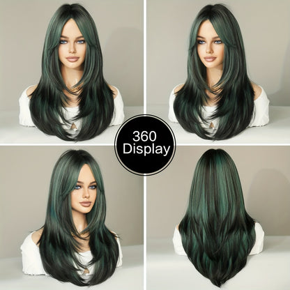 Long Wavy Dark Green Wig with Middle Part | Rose Net Cap, Heat-Resistant Synthetic Fiber for Glamorous Party Style