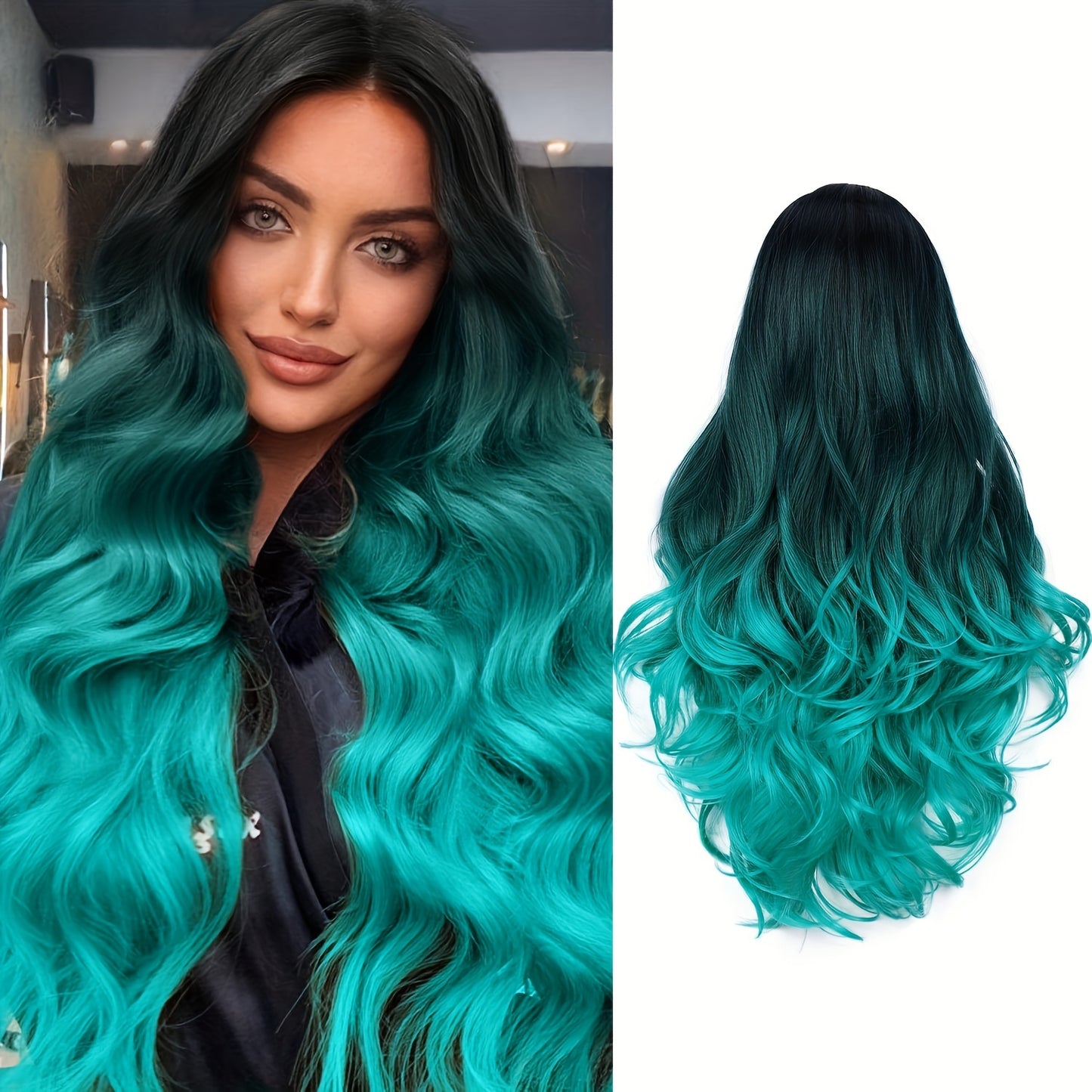 Long Wavy Ombre Bluish Green Wig | Body Wave, Rose Net Cap, Heat-Resistant Synthetic Fiber for Women