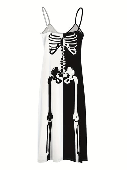 Skeleton Print Spaghetti Strap Dress | Casual Color Block Sleeveless Cami Dress for Women