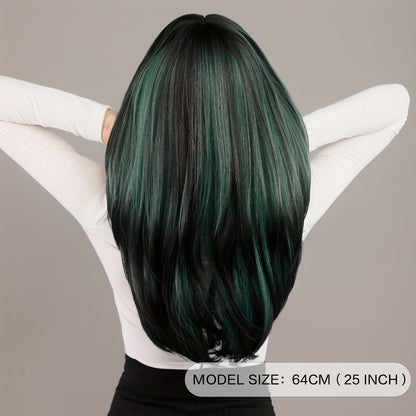 Long Wavy Dark Green Wig with Middle Part | Rose Net Cap, Heat-Resistant Synthetic Fiber for Glamorous Party Style