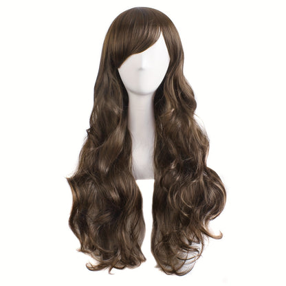 28-Inch Long Curly Synthetic Wig with Side Bangs | High-Temperature Fiber for Parties & Festivals