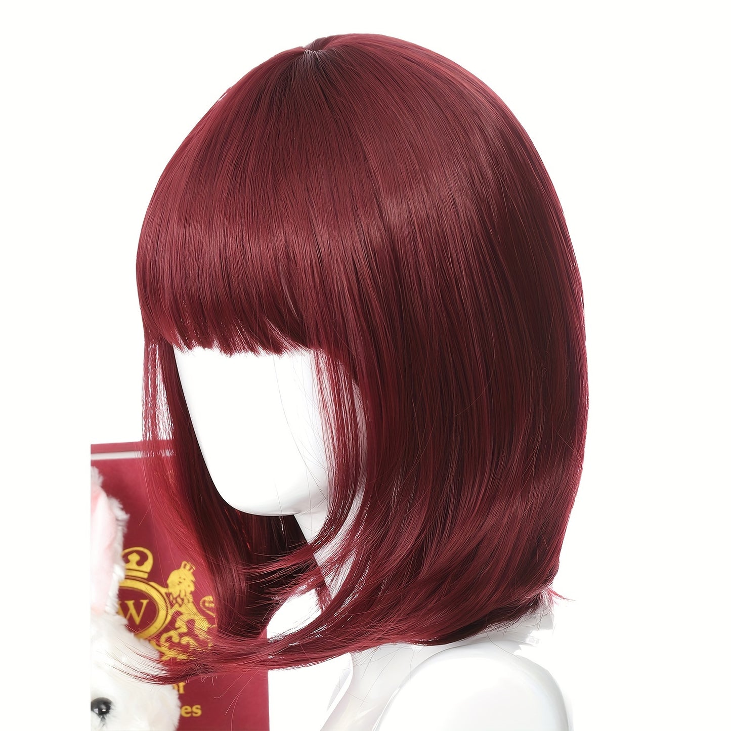 12-Inch Wine Red Straight Bob Wig with Bangs | Heat-Resistant Synthetic Fiber for Cosplay & Parties