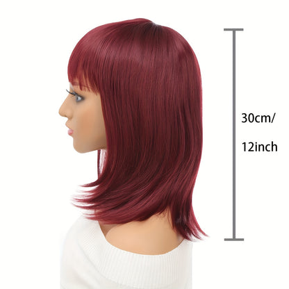 12-Inch Wine Red Straight Bob Wig with Bangs | Heat-Resistant Synthetic Fiber for Cosplay & Parties